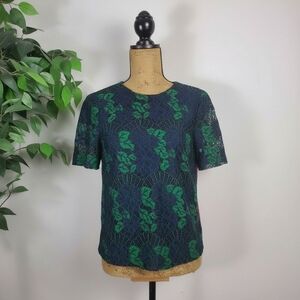 Ted Baker Vibrant Green & Navy Lace Short Sleeve Blouse with Red Trim Sheer SZ 2